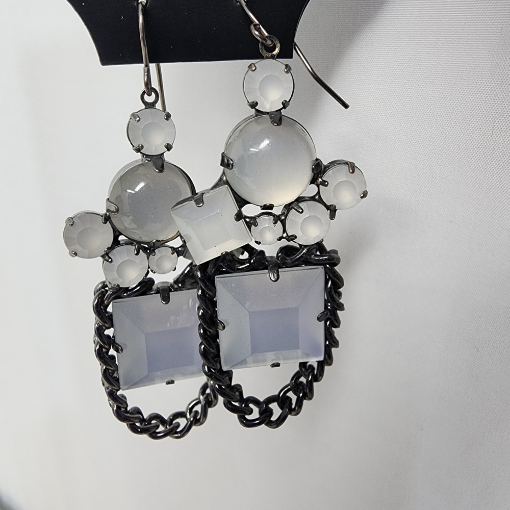 Geometric White Cabochon Gunmetal Chain Drop Earrings Women Statement